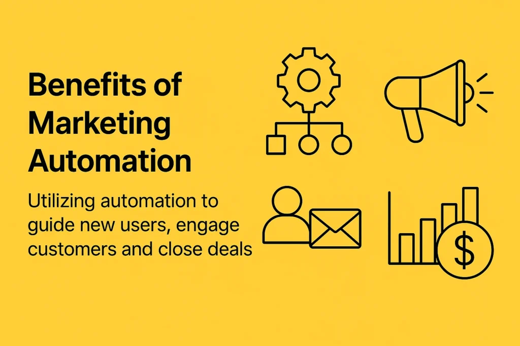 Benefits of marketing automation shown with workflow, email, megaphone and revenue growth icons