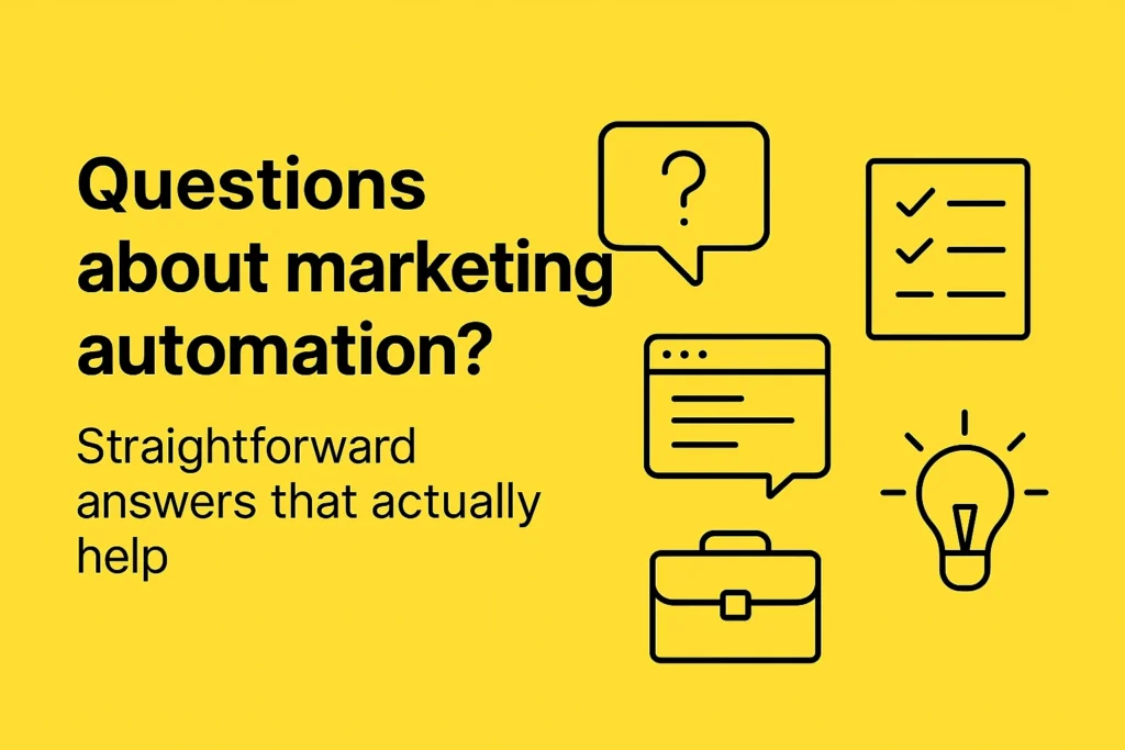 Questions about the benefits of marketing automation with FAQ and idea icons