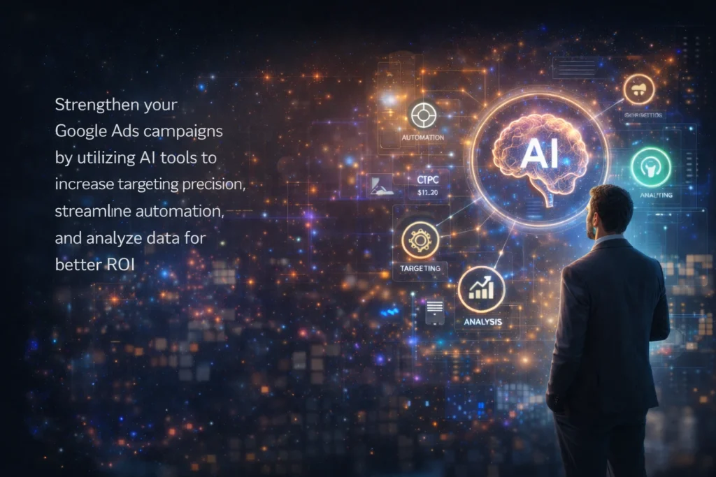 Business professional reviewing an AI-powered digital advertising strategy with data visualization and analytics