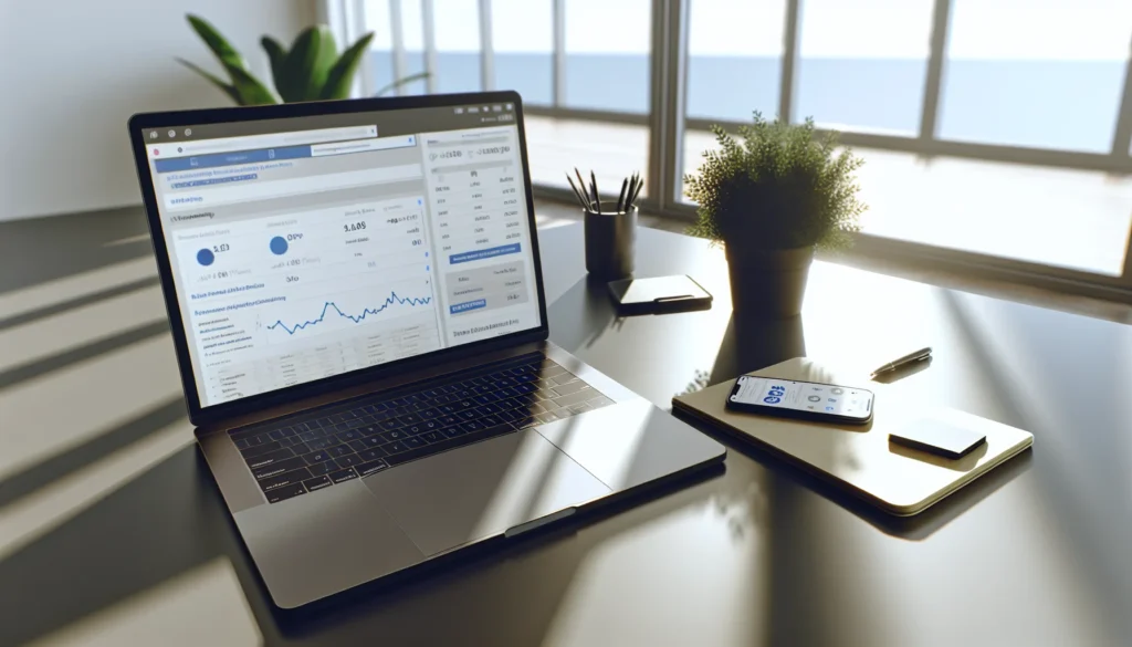 A modern workspace with a laptop displaying a Facebook ads dashboard, notepad, smartphone, coffee, and a plant, bathed in nat