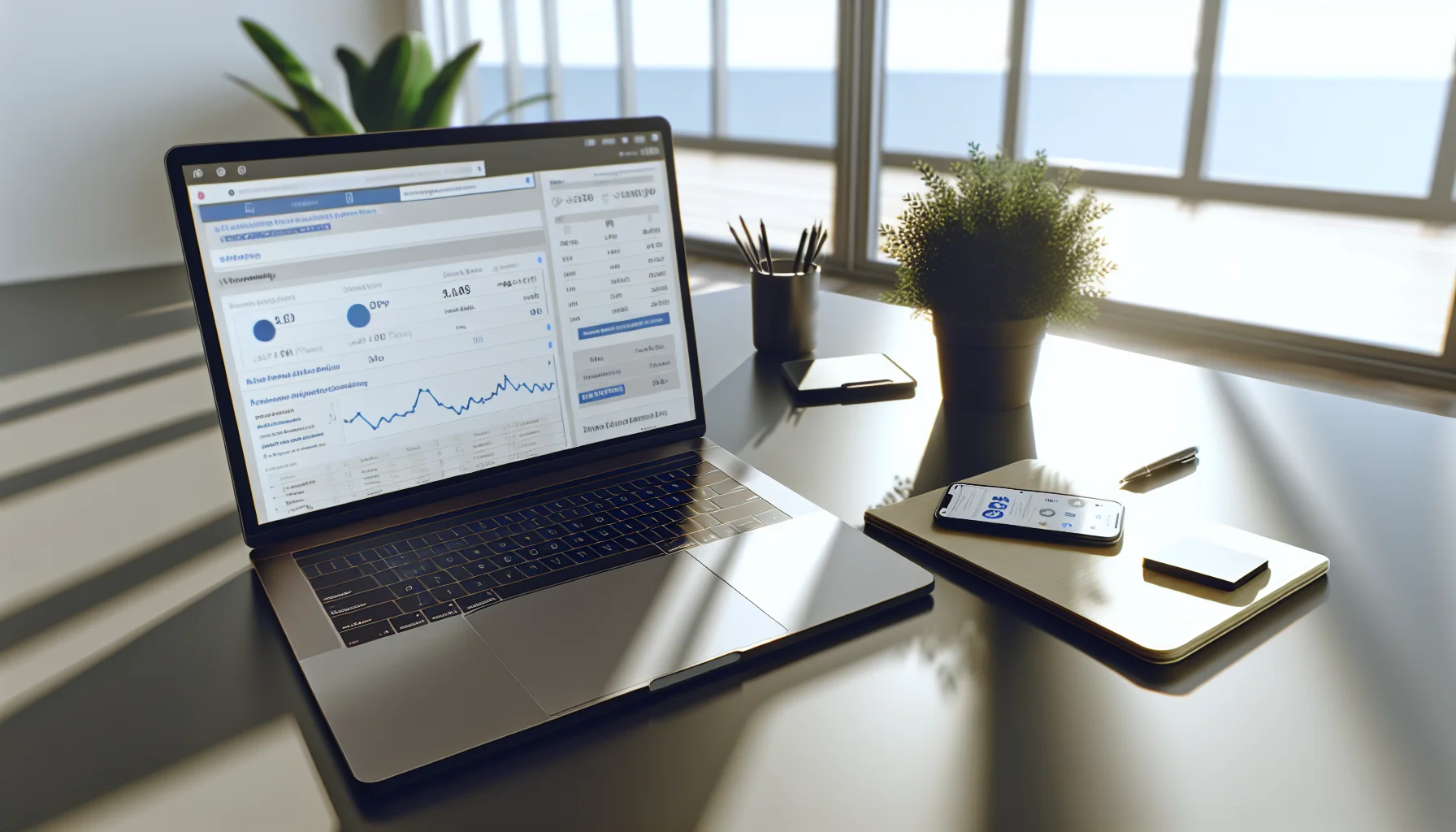 A modern workspace with a laptop displaying a Facebook ads dashboard, notepad, smartphone, coffee, and a plant, bathed in nat