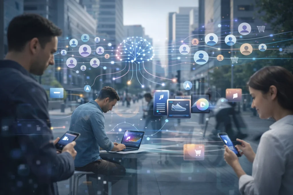 Urban scene showing AI-powered audience targeting as people use digital devices connected by data flows