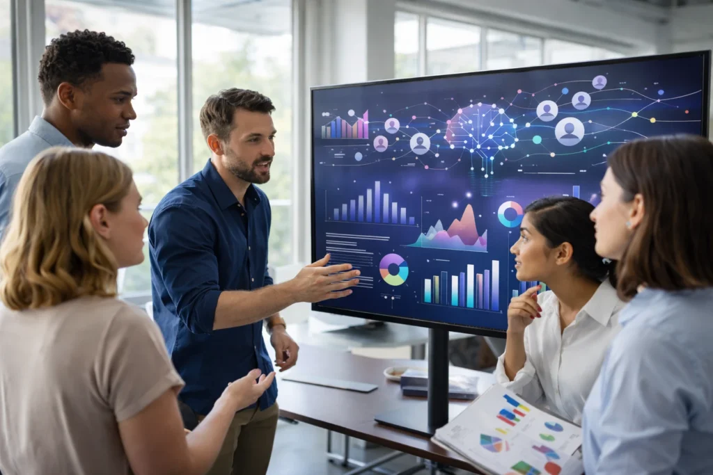 Marketing team analyzing data analytics on a digital screen using Google AI for audience targeting and campaign insights