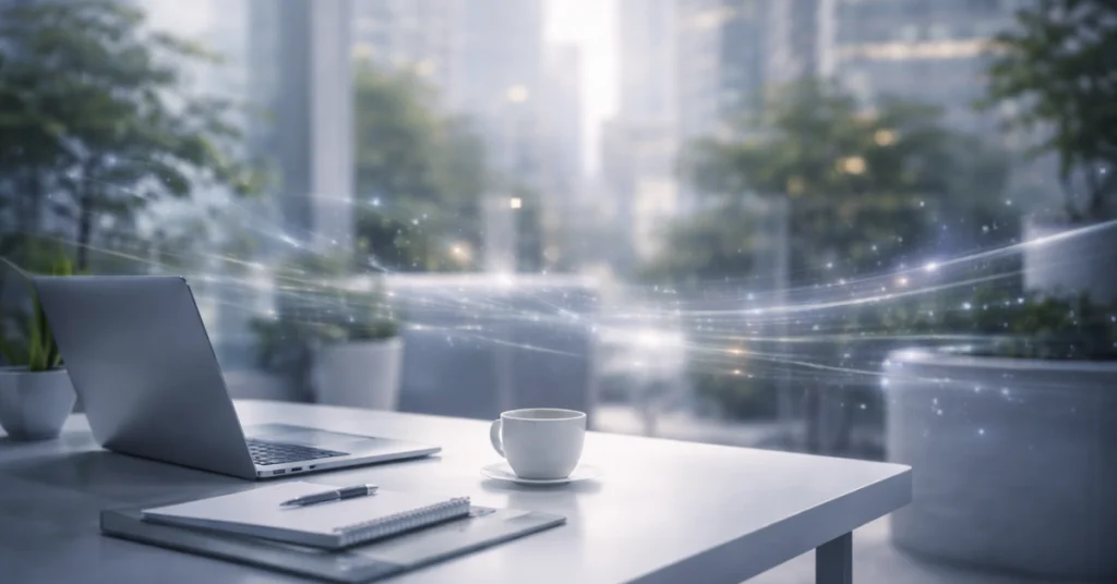 Google AI in a modern digital workspace with a laptop, coffee cup, and futuristic data flow