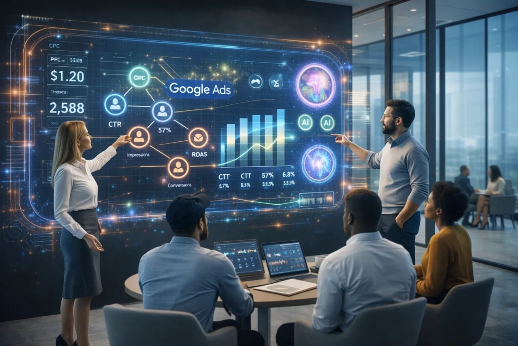 How can AI help Google Ads teams analyze performance dashboards and optimize strategy in a modern office