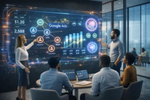 How can AI help Google Ads teams analyze performance dashboards and optimize strategy in a modern office