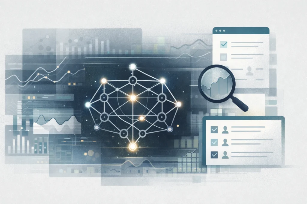 Editorial illustration of an AI network with data dashboards and a magnifying glass showing human review for reliable AI decisions