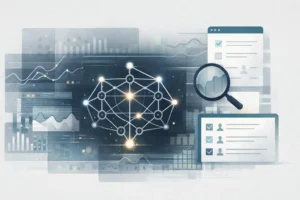Editorial illustration of an AI network with data dashboards and a magnifying glass showing human review for reliable AI decisions