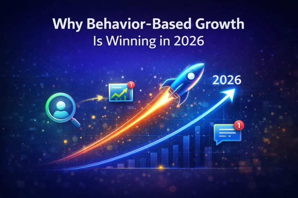 Product events marketing automation concept showing behavior-based growth in 2026 with a rising graph, rocket, and user interaction signals driving retention and revenue.