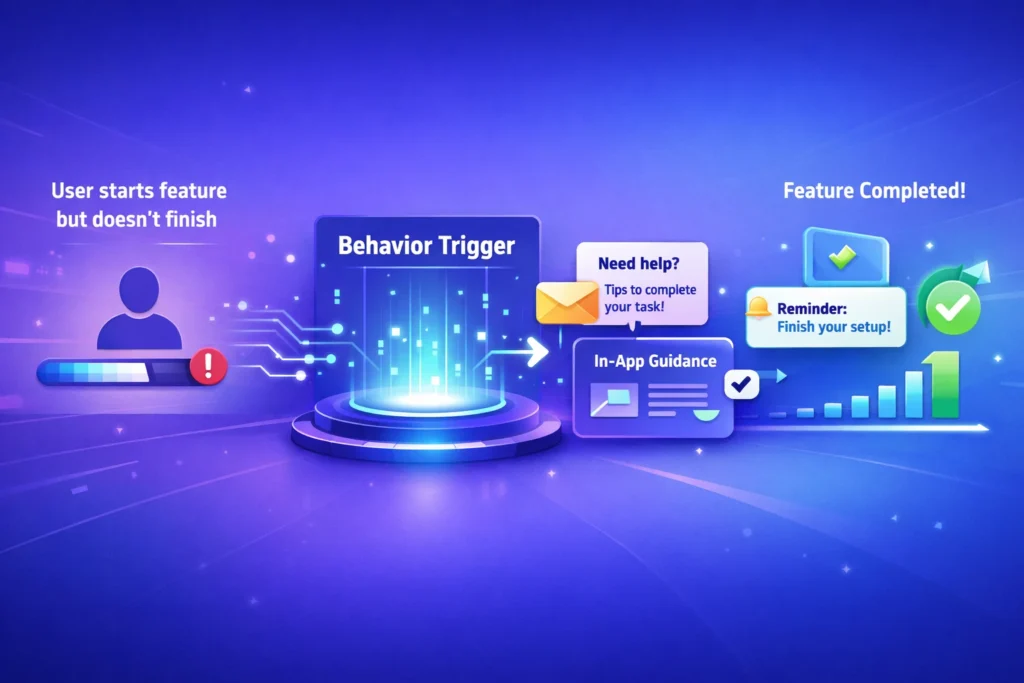 Product events marketing automation example showing behavior-based growth with user drop-off, automated triggers, and successful re-engagement completion