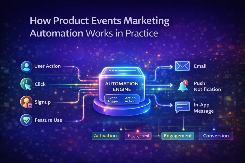Product events marketing automation workflow showing how user actions trigger automated messages leading to activation, engagement, and conversion