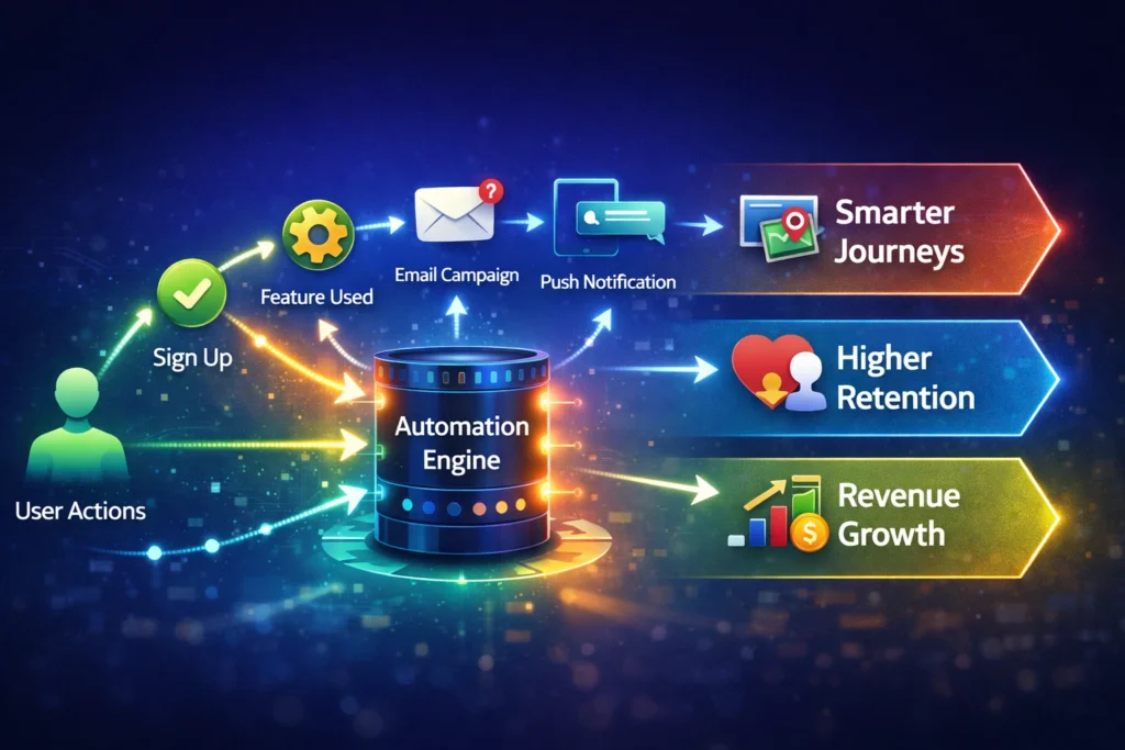 Product events marketing automation illustration showing user actions flowing into an automation engine that drives smarter customer journeys, higher retention, and revenue growth.