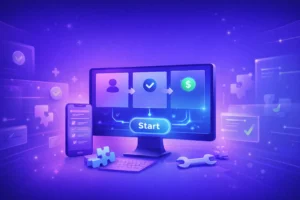 Futuristic illustration of a simple automation workflow shown on a desktop screen with connected icons, mobile interface, and setup elements in a glowing purple-blue design.