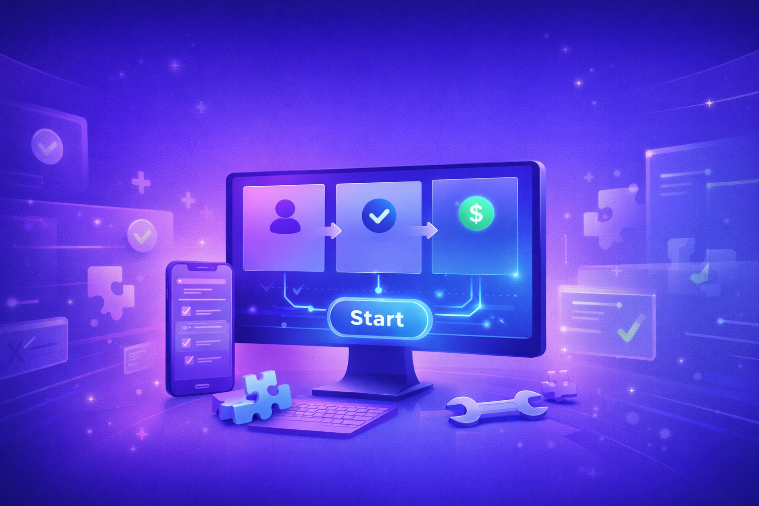 Futuristic illustration of a simple automation workflow shown on a desktop screen with connected icons, mobile interface, and setup elements in a glowing purple-blue design.