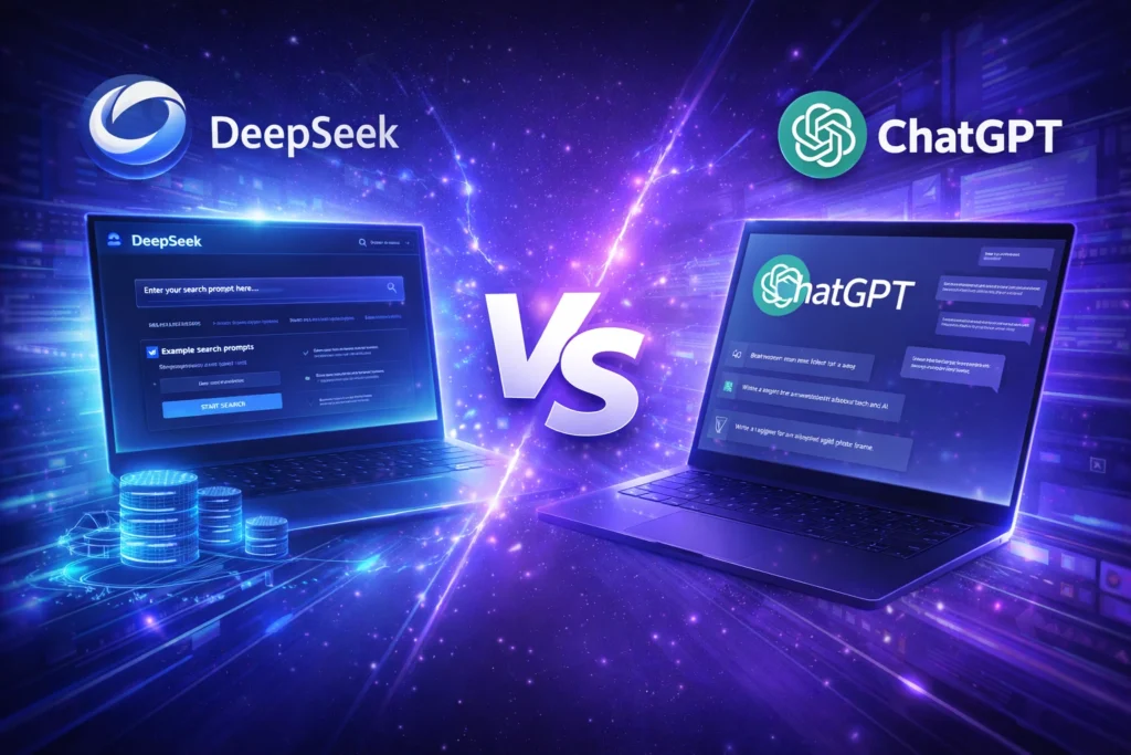 DeepSeek vs ChatGPT platform comparison graphic showing both AI interfaces on laptops with logos, glowing effects, and a futuristic blue-purple background