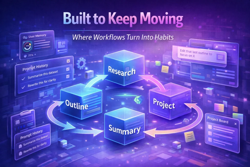 Isometric workflow graphic showing connected research, project, outline, and summary blocks linked in a continuous loop inside a modern blue-purple SaaS environment