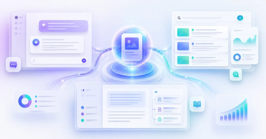 AI search optimization featured image showing a futuristic digital ecosystem with connected content panels, search interfaces, citation modules, and analytics elements in a clean modern layout