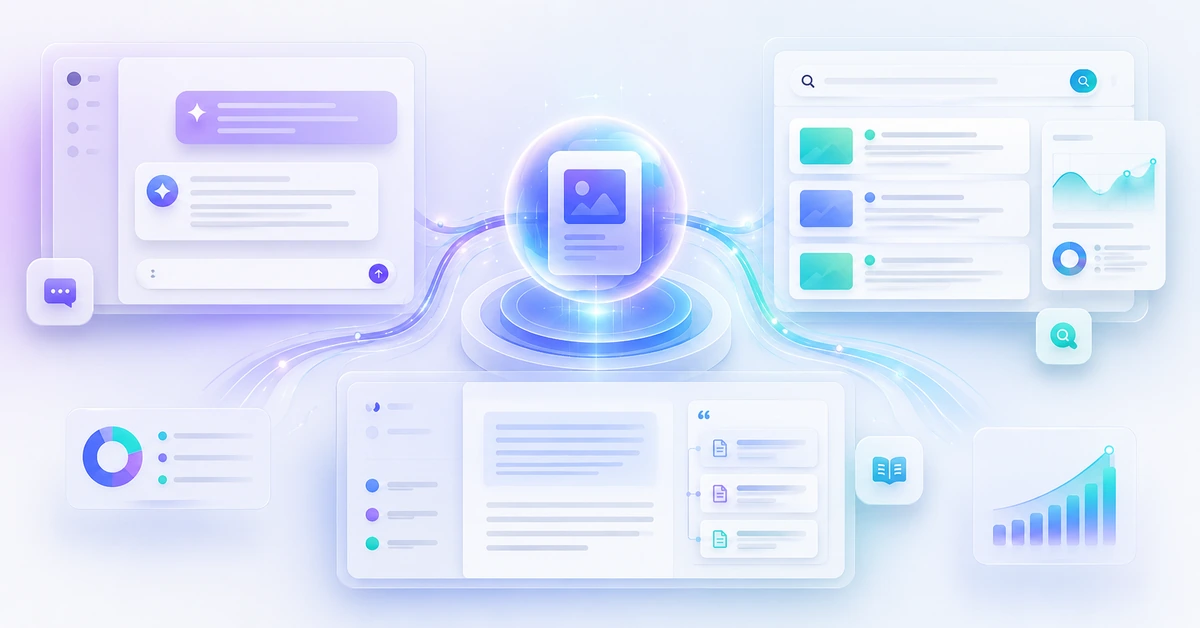 AI search optimization featured image showing a futuristic digital ecosystem with connected content panels, search interfaces, citation modules, and analytics elements in a clean modern layout