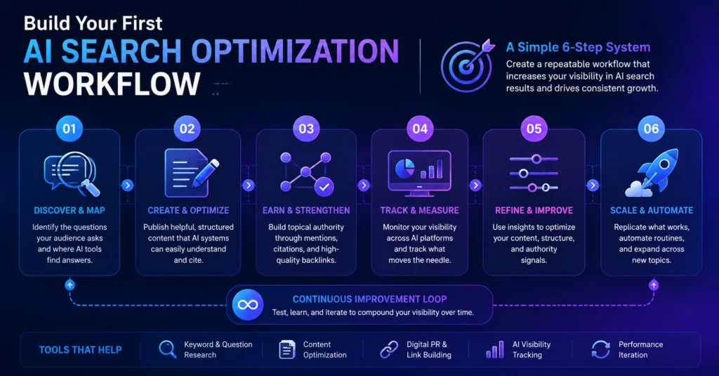 Workflow infographic showing a step-by-step process for building content visibility through discovery, optimization, measurement, refinement, and scalable growth