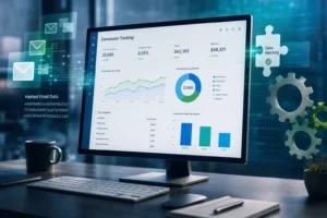 A sleek computer displays graphs and charts, surrounded by abstract data streams and email icons, symbolizing digital marketi