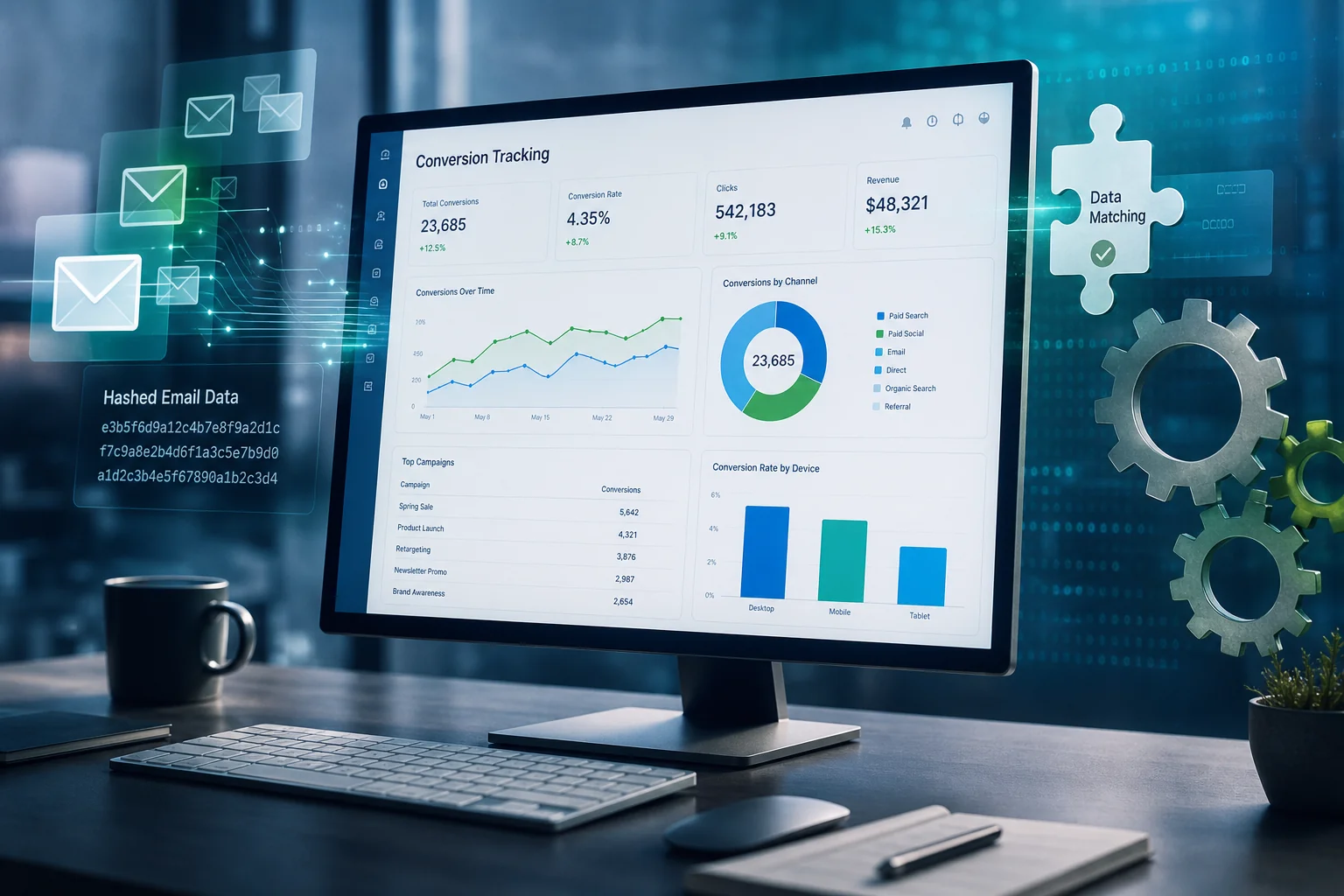 A sleek computer displays graphs and charts, surrounded by abstract data streams and email icons, symbolizing digital marketi