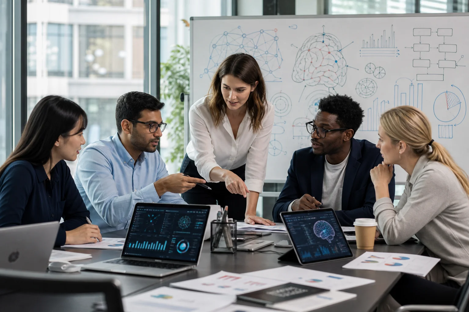 A diverse group of professionals collaborates on AI insights in a modern office, surrounded by charts and natural light.