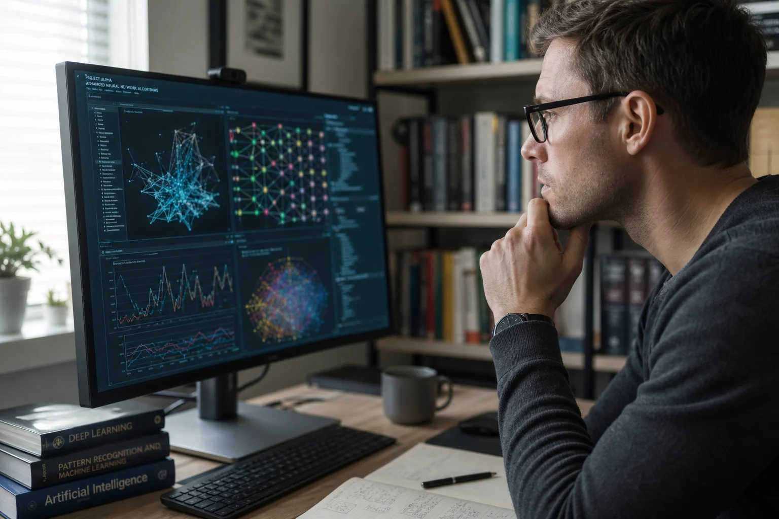 Close-up of a focused individual analyzing complex AI data on a computer screen, surrounded by books in natural light.