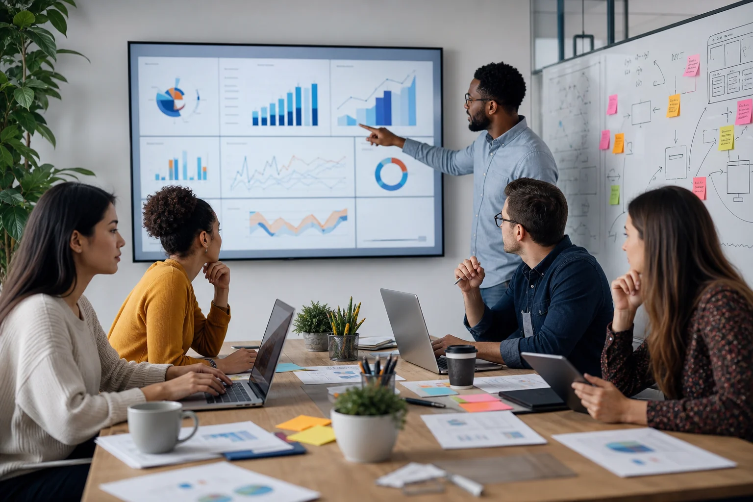 A diverse team collaborates in a modern office, analyzing data on laptops and a screen, surrounded by notes and coffee cups.