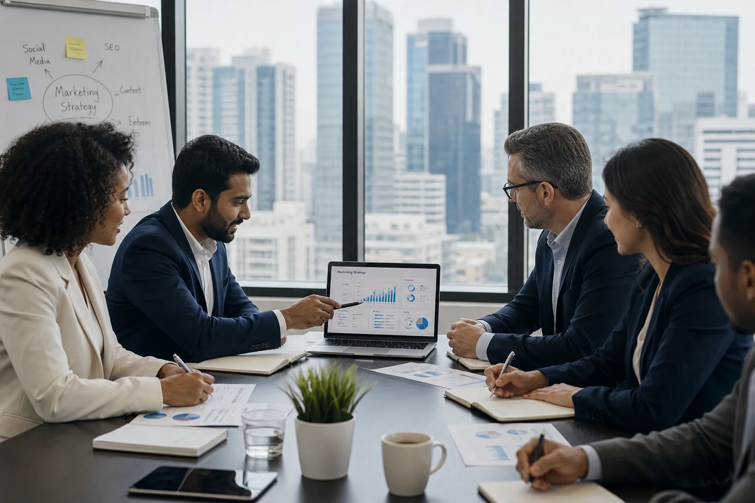 Diverse professionals collaborate around a conference table, analyzing data on a laptop with a city skyline in the background