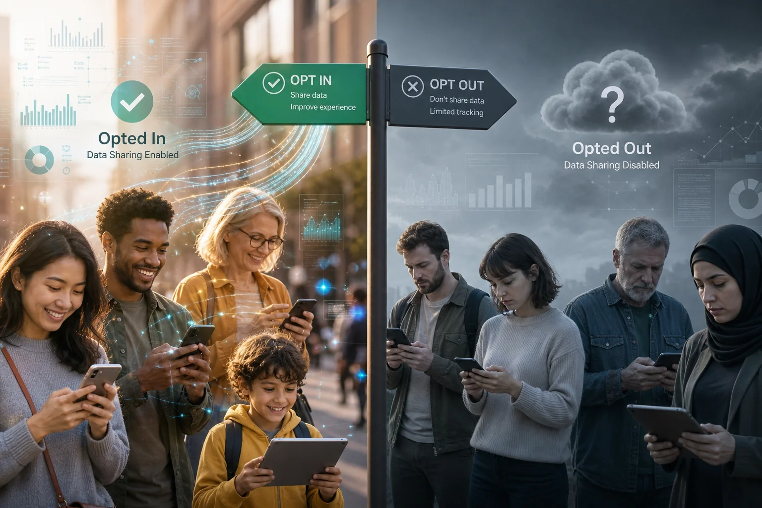 Digital illustration of diverse people with devices, split scene: vibrant consent side vs. muted reluctance, symbolizing user