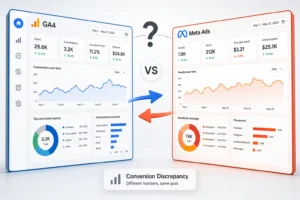 Digital illustration of GA4 and Meta Ads dashboards, showcasing contrasting styles and colors, highlighting conversion discre