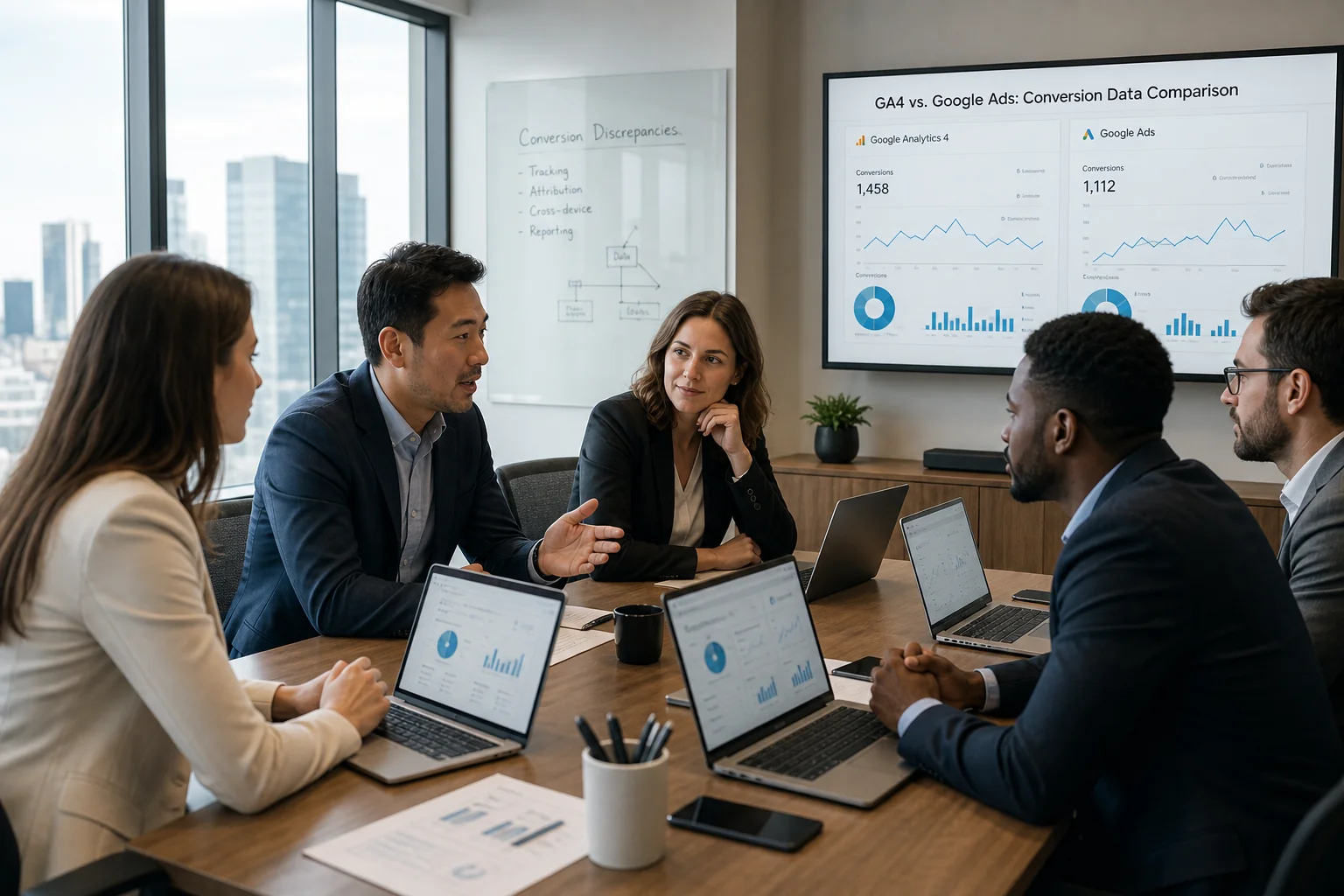 A diverse team in business attire collaborates at a conference table, analyzing GA4 and Google Ads data against a cityscape b