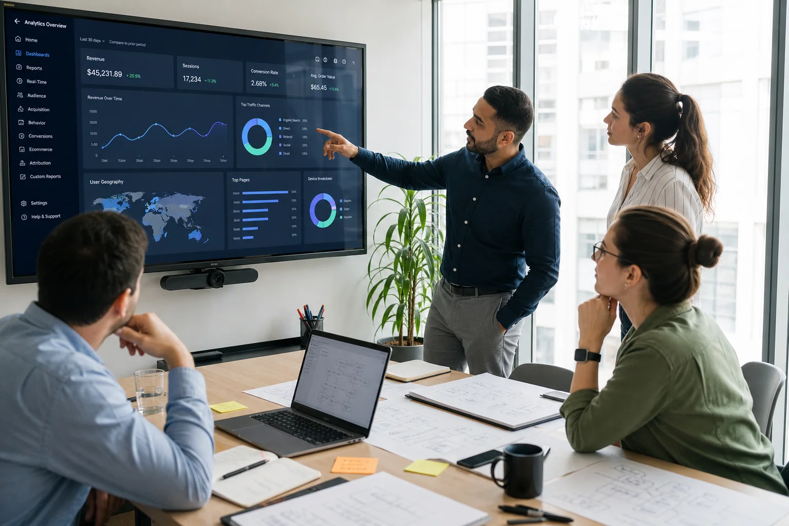 A diverse team collaborates in a bright office, analyzing data on a screen, with laptops and notes scattered on the table.
