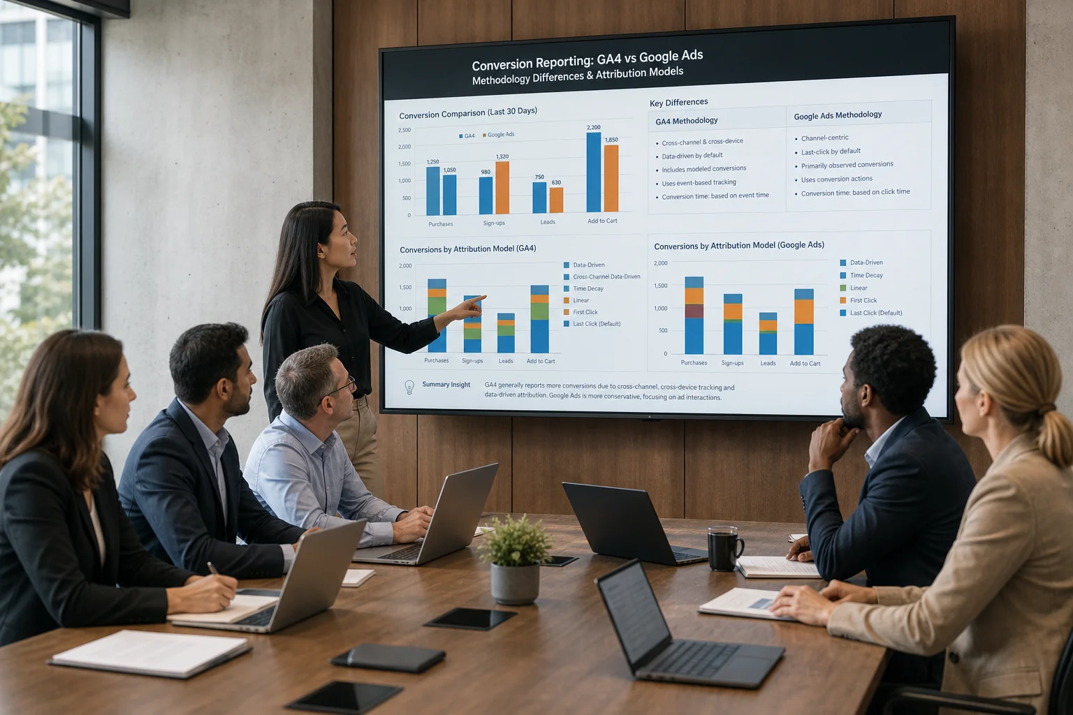 Diverse business team discusses conversion reporting at a conference table, analyzing data charts on a large screen in a mode