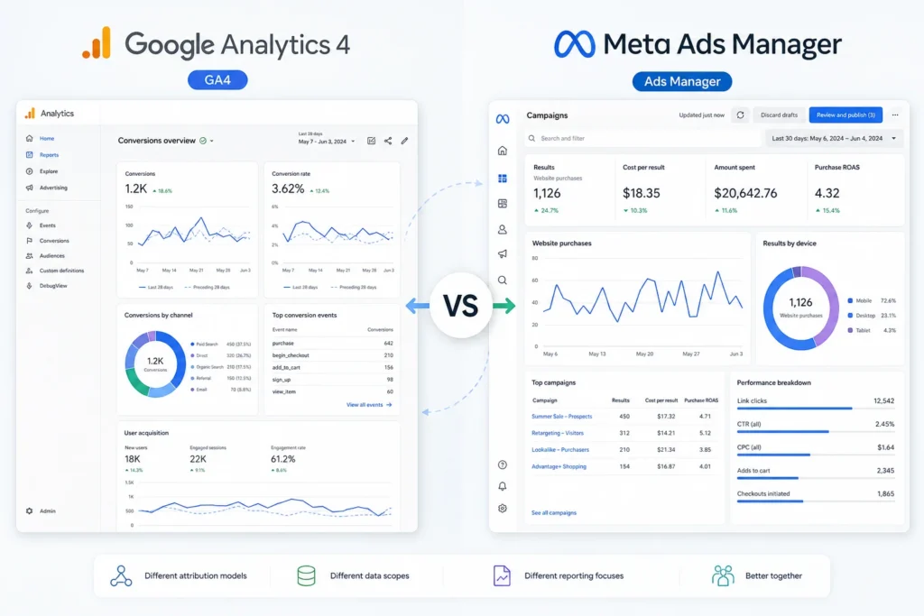 Split-screen image of GA4 and Meta Ads Manager dashboards, showcasing conversion data and ad performance metrics in a profess