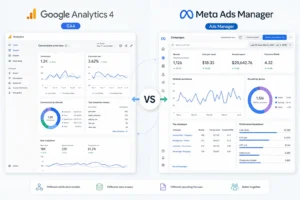 Split-screen image of GA4 and Meta Ads Manager dashboards, showcasing conversion data and ad performance metrics in a profess