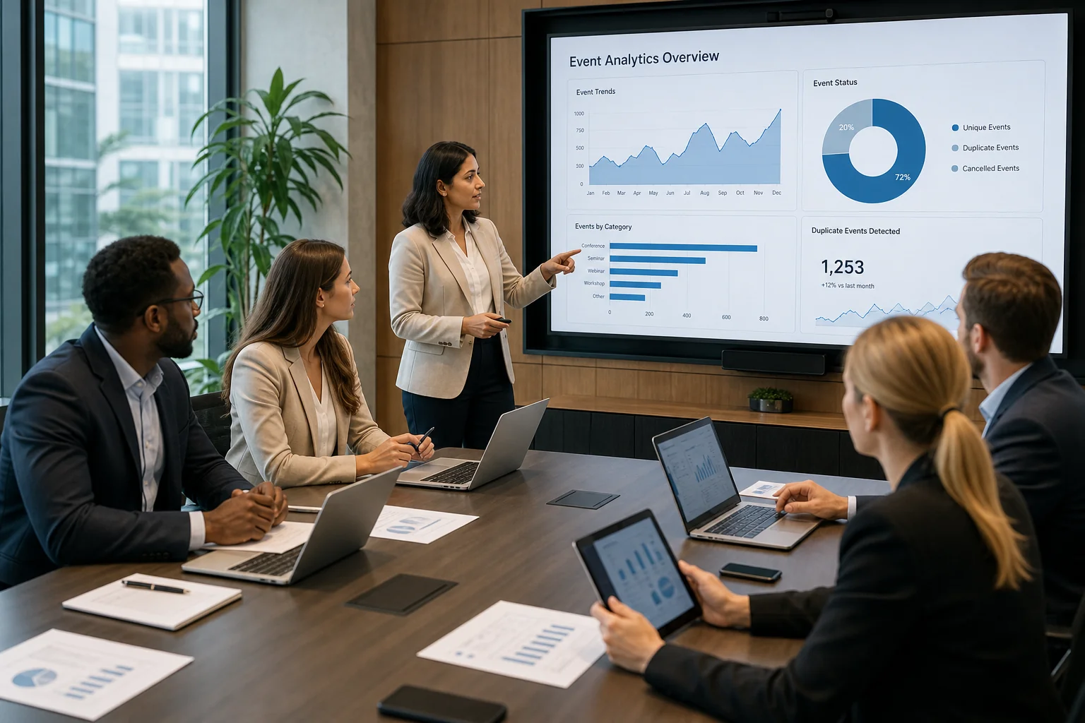 Diverse professionals collaborate at a modern conference table, focused on data analytics, in a bright, productive office set