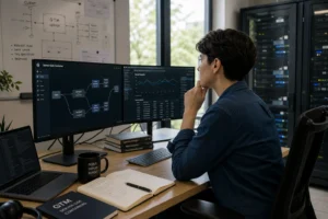 A focused individual at a sleek desk with multiple monitors displays data flows, surrounded by tools in a bright, tech-savvy