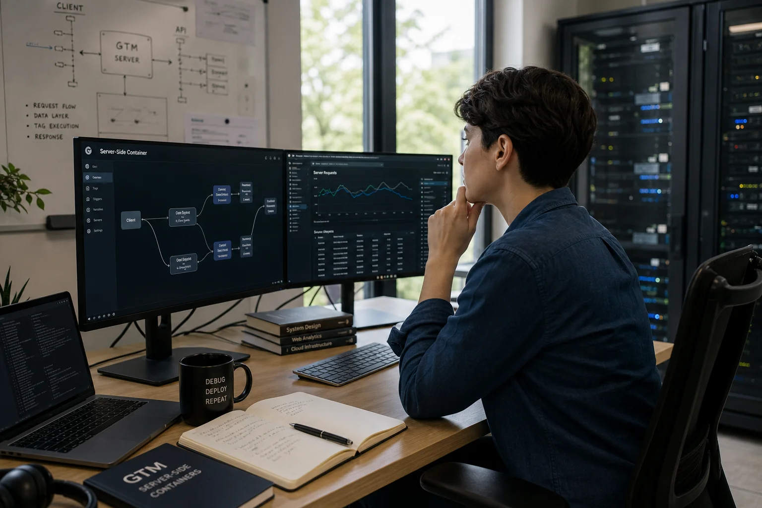 A focused individual at a sleek desk with multiple monitors displays data flows, surrounded by tools in a bright, tech-savvy