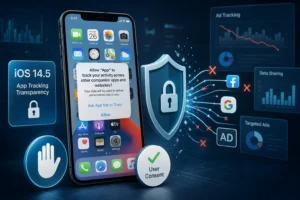 Digital illustration of a smartphone with app icons, surrounded by blocked data flows and consent symbols, highlighting iOS 1