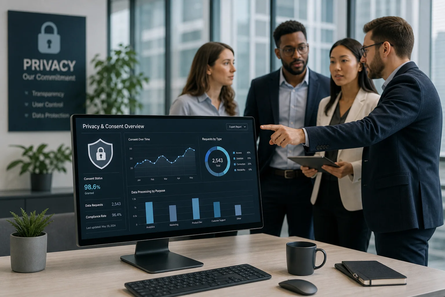 Modern office scene with diverse professionals discussing data privacy, featuring a sleek screen with analytics and subtle pr