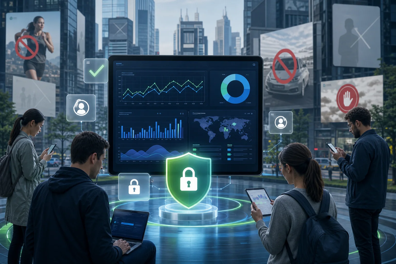 A vibrant digital illustration of a modern marketing landscape featuring a data dashboard, user privacy symbols, and a citysc