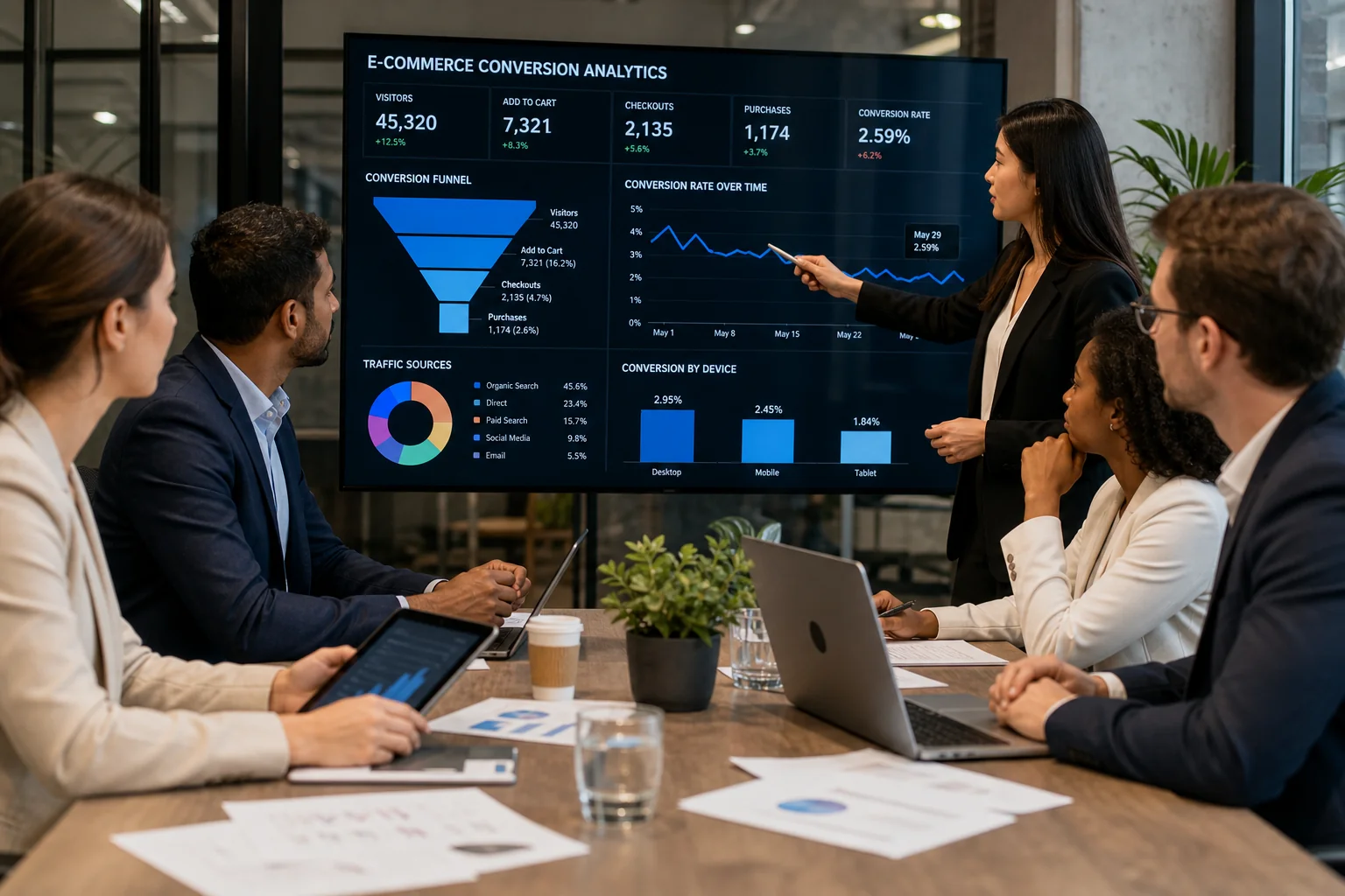 Diverse professionals collaborate over digital devices, analyzing e-commerce metrics on a screen in a dynamic office setting.