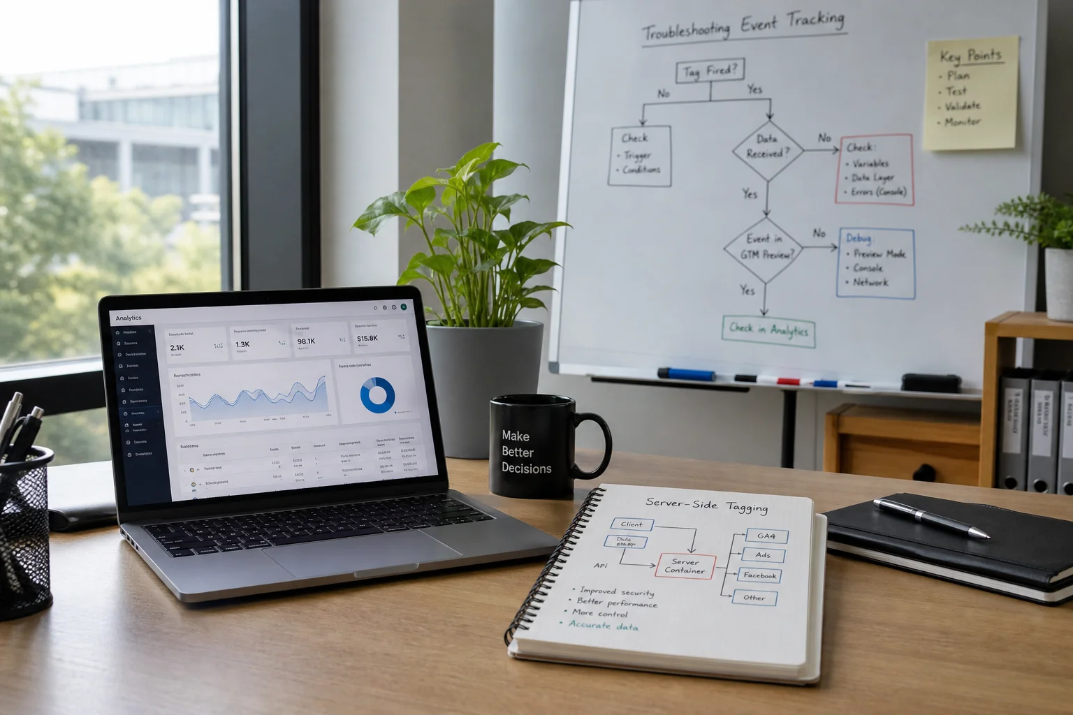 A modern office workspace with a sleek desk, open laptop, notepad on tagging concepts, and a whiteboard filled with flowchart