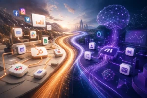 Futuristic marketing automation workflow illustration, contrasting Zapier's sleek interface with Make's AI-driven environment