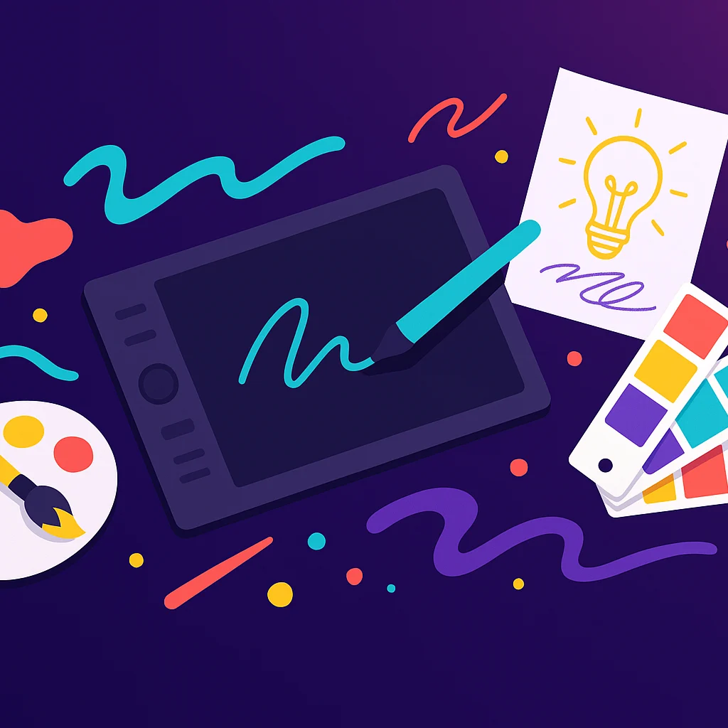 White Label Graphic Design Agency workspace illustration with digital tablet, color swatches, artistic sketches, and abstract shapes on a dark purple gradient background, designed to highlight blog titles.