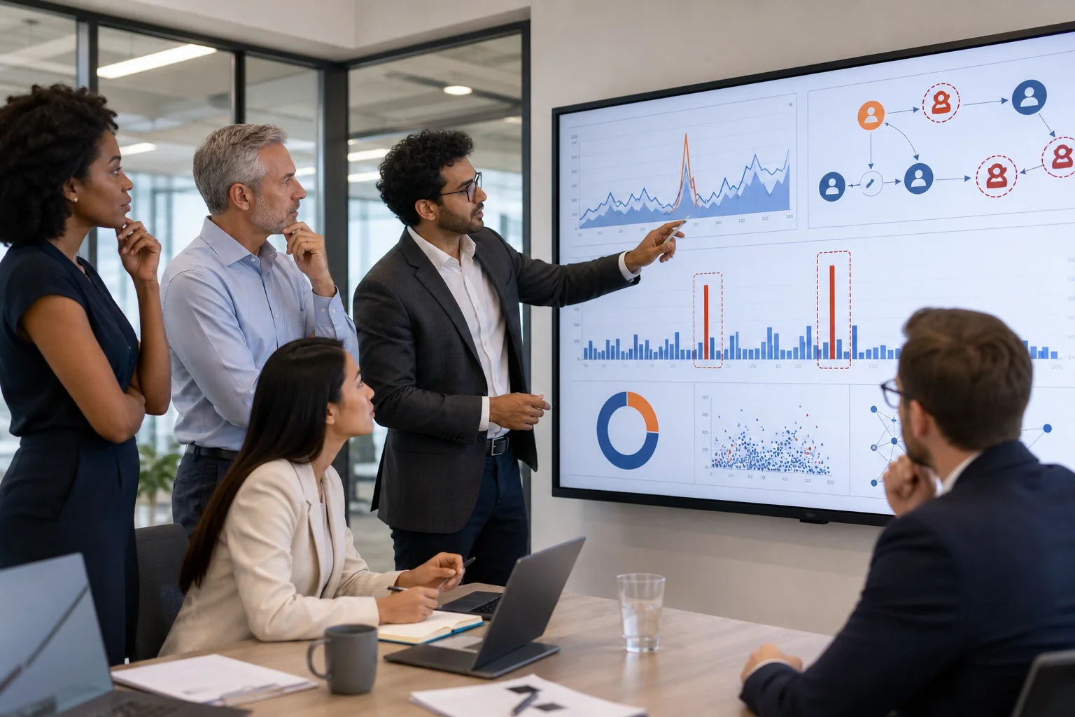 A diverse group of professionals discusses data analytics around a digital screen, showcasing graphs in a modern, bright offi