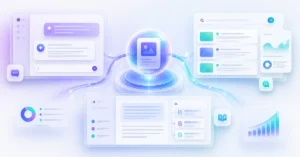 AI search optimization featured image showing a futuristic digital ecosystem with connected content panels, search interfaces, citation modules, and analytics elements in a clean modern layout