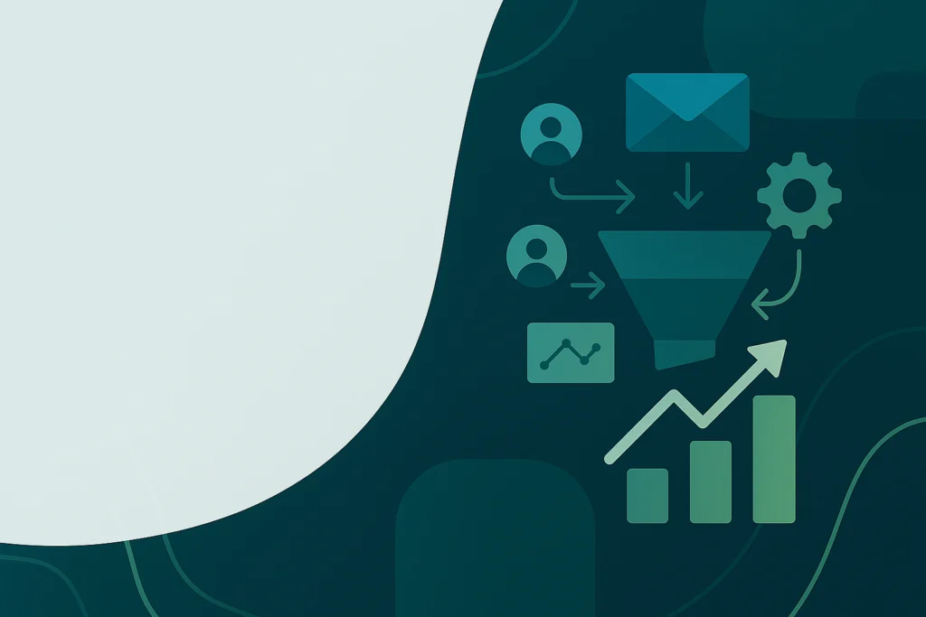 Flat-style digital illustration showing a B2B marketing automation funnel with charts, emails, and gears in Mass Data brand colors, designed for use as a featured image.