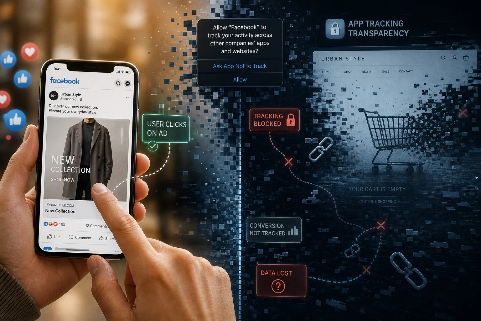 A split scene: vibrant user engagement with a smartphone ad on one side, and a fragmented e-commerce landscape on the other,
